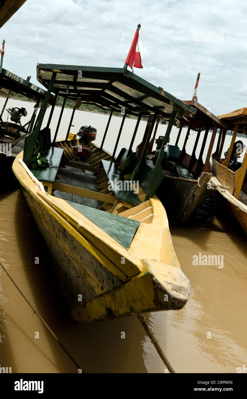 Boat on the Tambopata river National Reserve Puerto Maldonado Amazon Area Peru Stock Photo