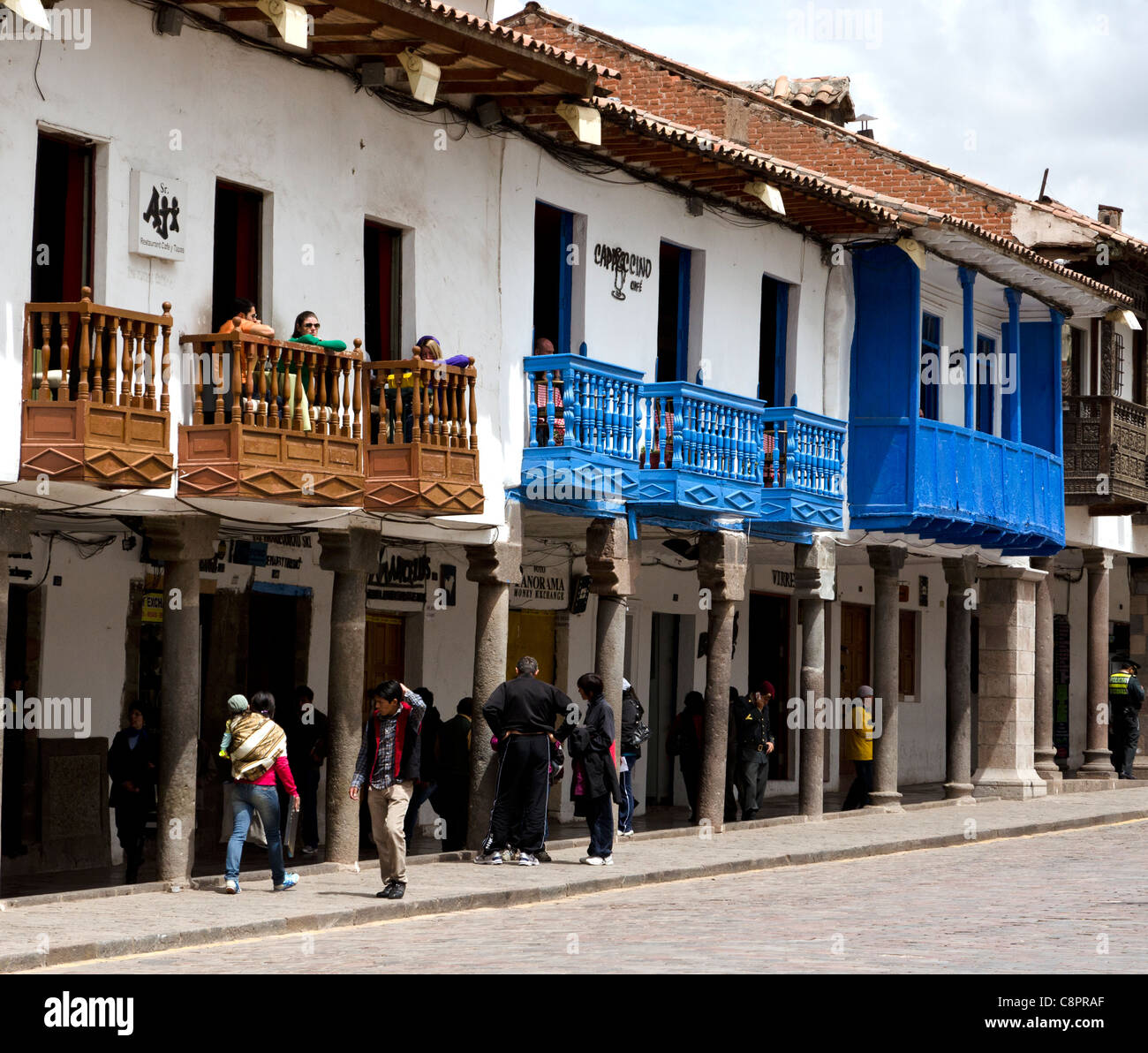 View of Cusco street with wooden Spanish colonial balconies Cuzco Peru Stock Photo