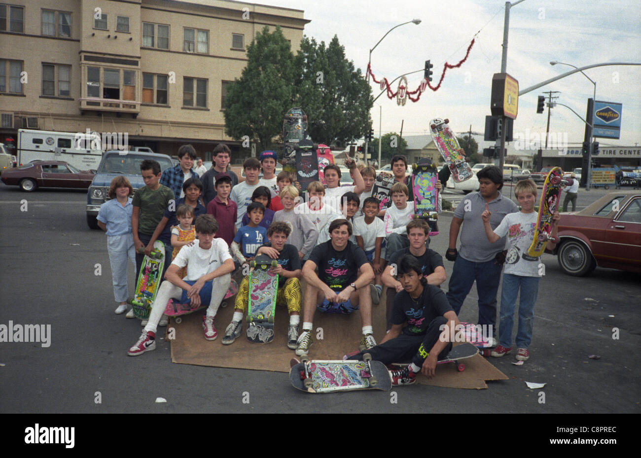 A team of skateboarders including Tom Knox and Karma Tsocheff pose with