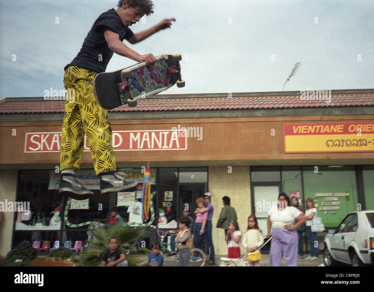 Karma Tsocheff skateboards during a demo at Skateboard Mania in the summer of 1986 in Porterville, California. Stock Photo