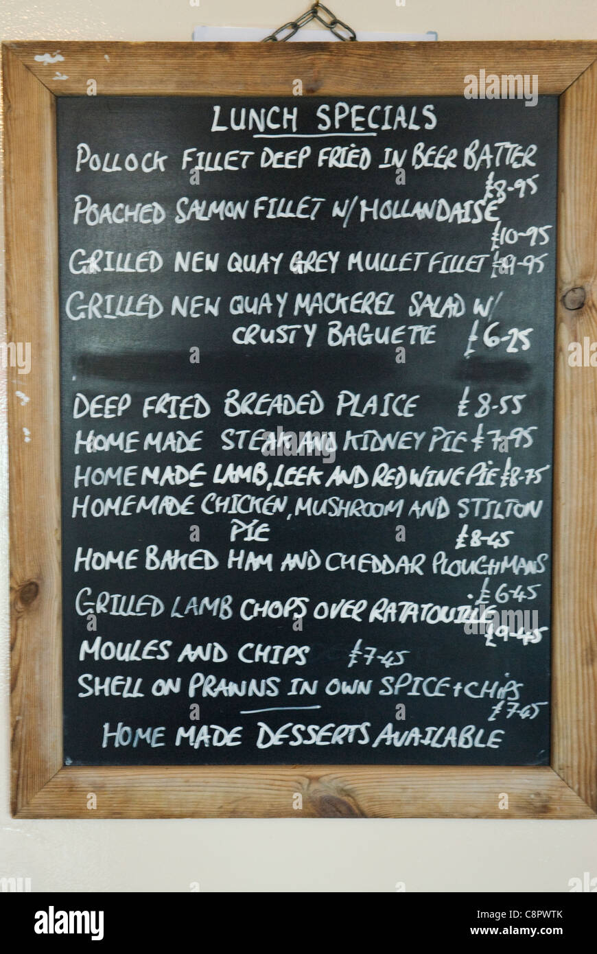 Great Britain, Wales, fish and seafood menu at The Hungry Trout, New Quay Stock Photo Alamy