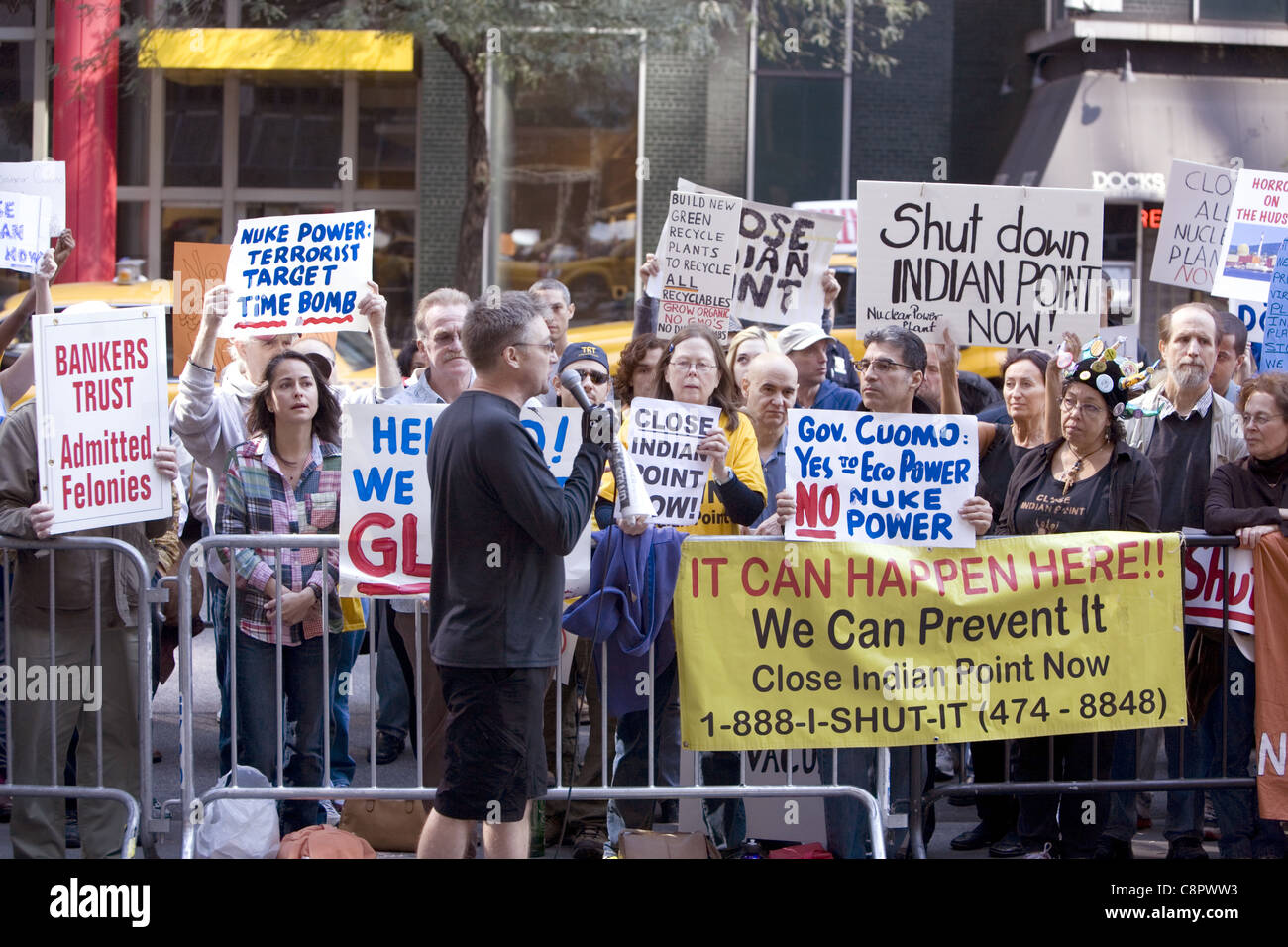 Rally, in front of NY Gov. Andrew Cuomo's NYC office, to shut down Indian Point Nuclear Power Plant. Stock Photo