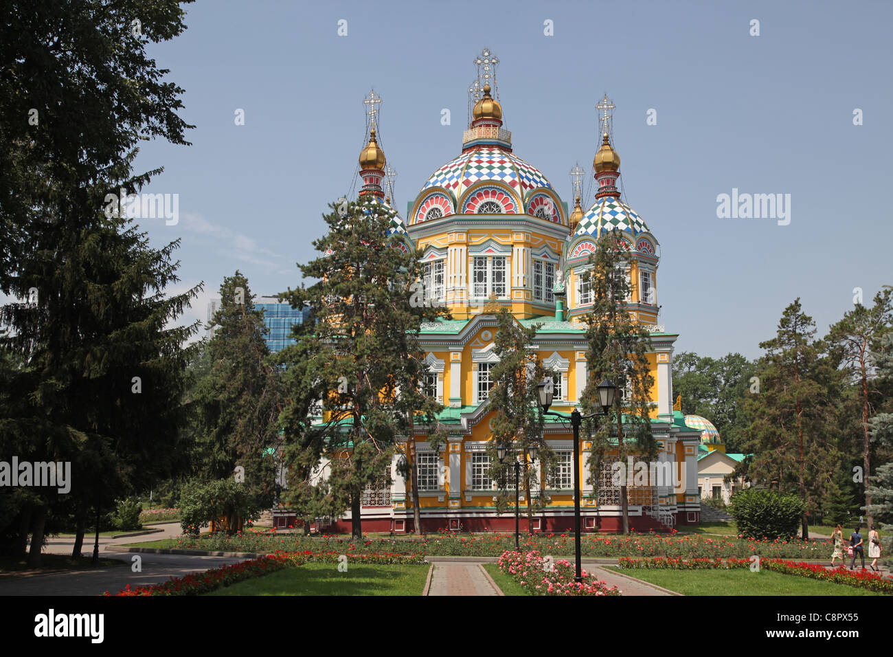 The Ascension Cathedral also known as Zenkov Cathedral，is a Russian Orthodox cathedral located in Panfilov Park in Almaty Stock Photo