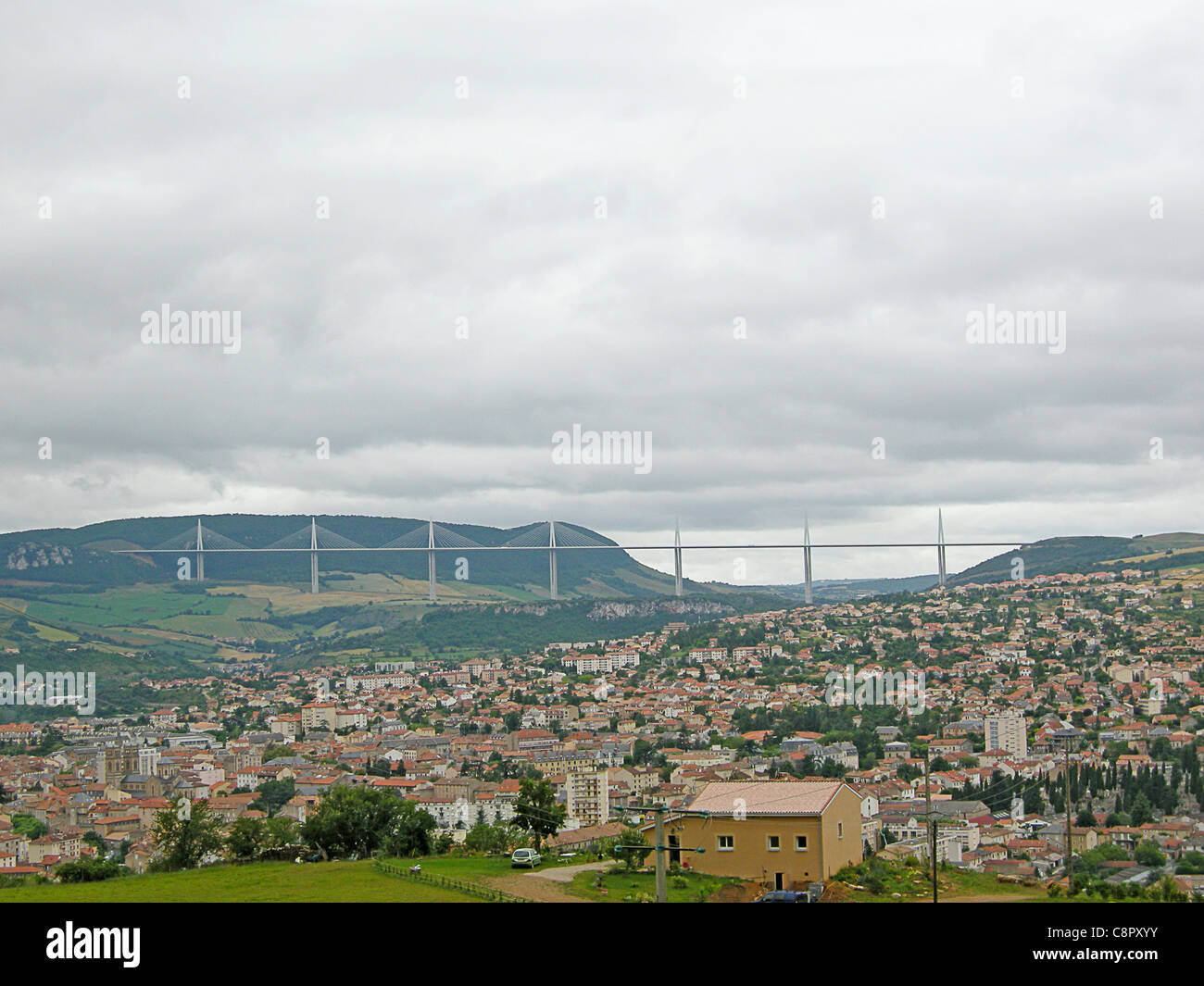 France, Millau, Millau Viaduct, view towards cable-stayed road bridge across valley of River Tarn Stock Photo