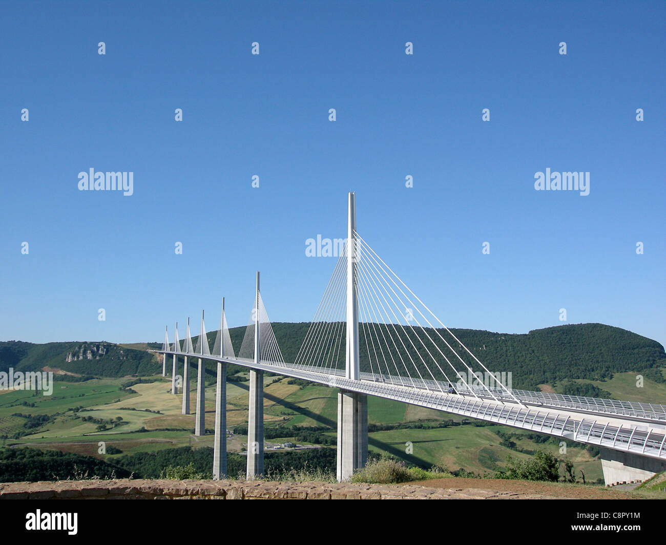 France, Millau, Millau Viaduct, cable-stayed road bridge across valley of River Tarn Stock Photo