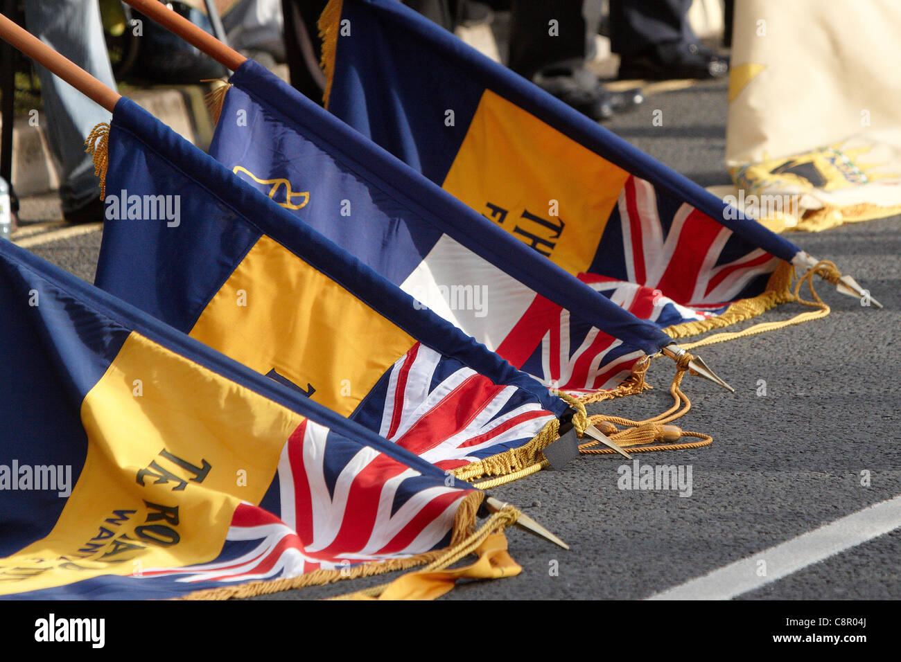 Standard bearers lower their flags as the cortege passes in Carterton