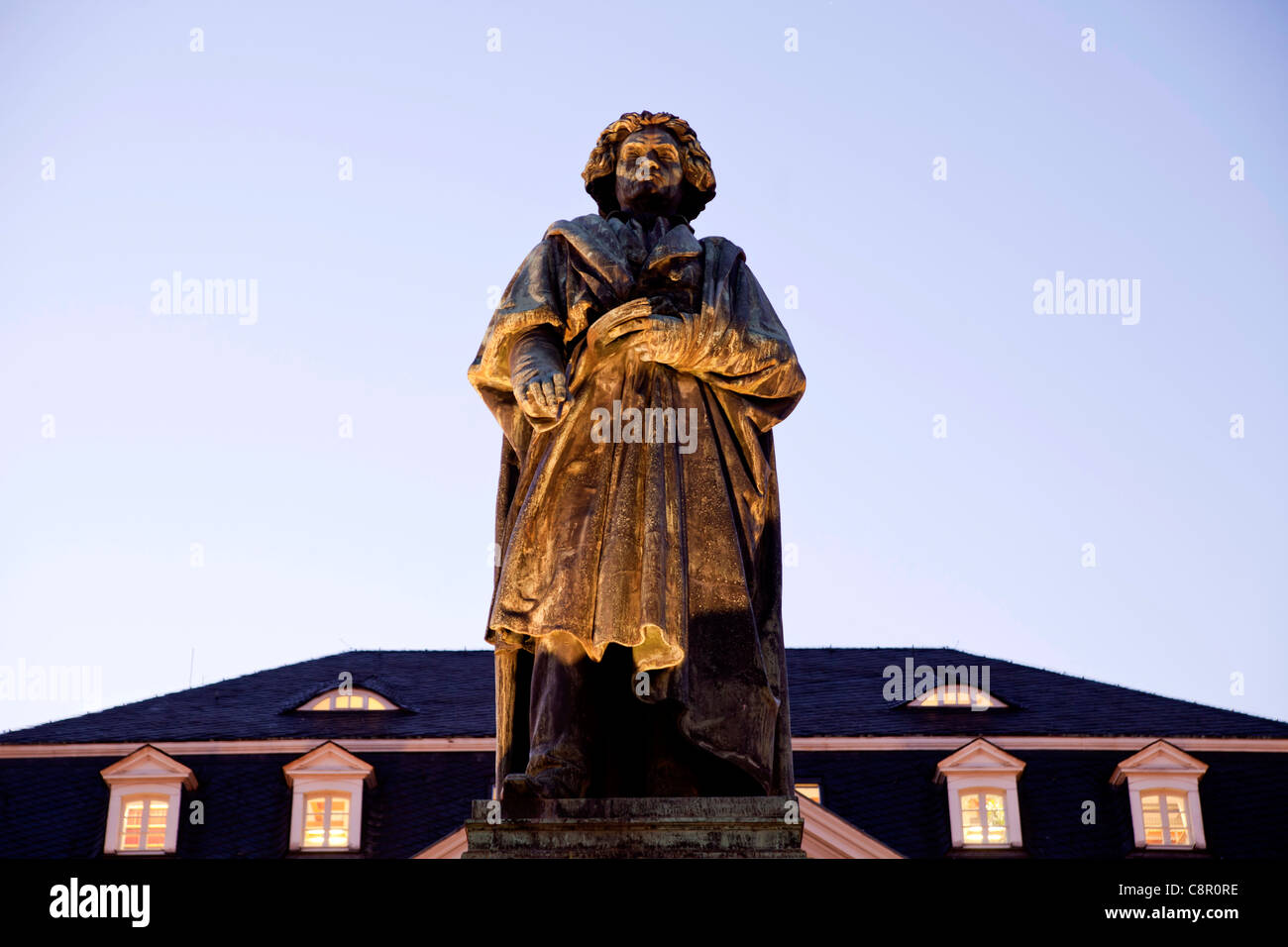 Beethoven monument on Muenster square in Bonn at Night, North Rhine-Westphalia, Germany, Stock Photo