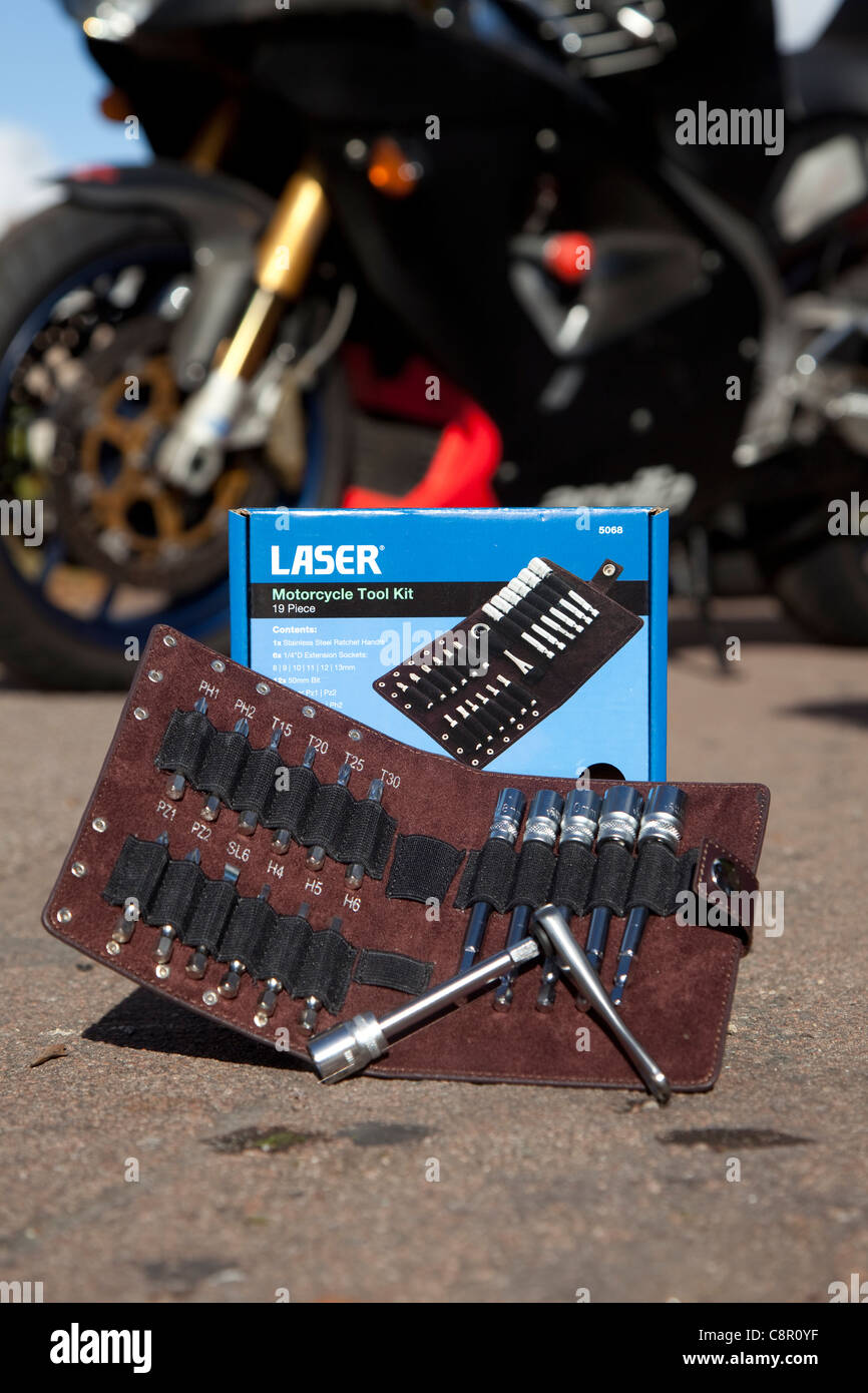 Laser socket set pack shot in front of motorbike UK Stock Photo