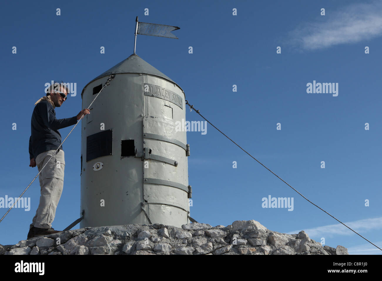 Aljaz Tower (Aljazev stolp) at the summit of Mount Triglav (2,864 m) in the Julian Alps, Slovenia. Stock Photo