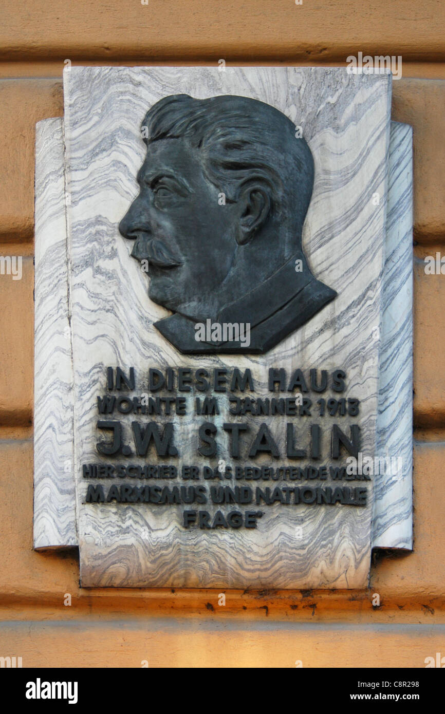 Commemorative plaque at the house where Soviet dictator Joseph Stalin lived in January 1913 in Vienna, Austria. The plaque at the house at Schönbrunner Schloßstraße near the Schonbrunn Palace is one of the few plaques in the world dedicated to Joseph Stalin still survivor. Joseph Stalin wrote his work The Marxism and the National Question in this house in January 1913. Stock Photo