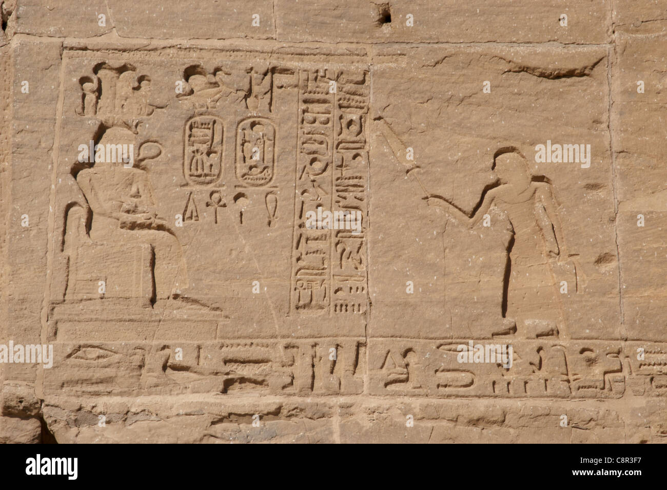Reliefs depicting Ramses II and the royal cartridges. Abu Simbel. Egypt. Stock Photo
