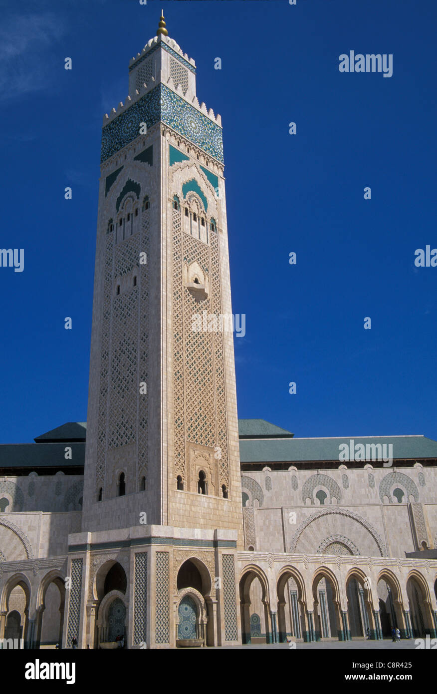 Minaret of the Hassan II Mosque in Casablanca Morocco is world's  second tallest minaret at 210 metres (689 ft). Stock Photo
