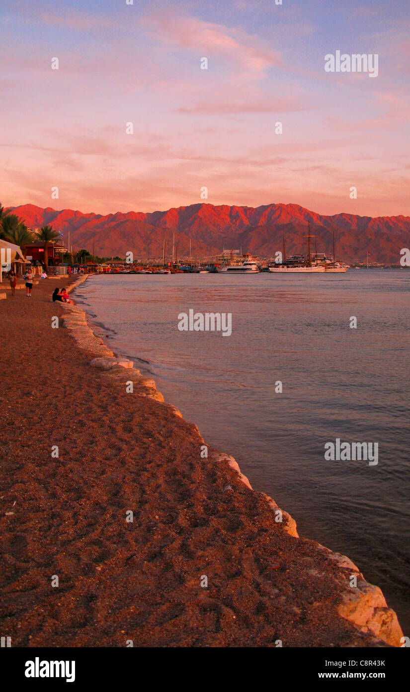 View of Eilat beach and marina at sunset Stock Photo