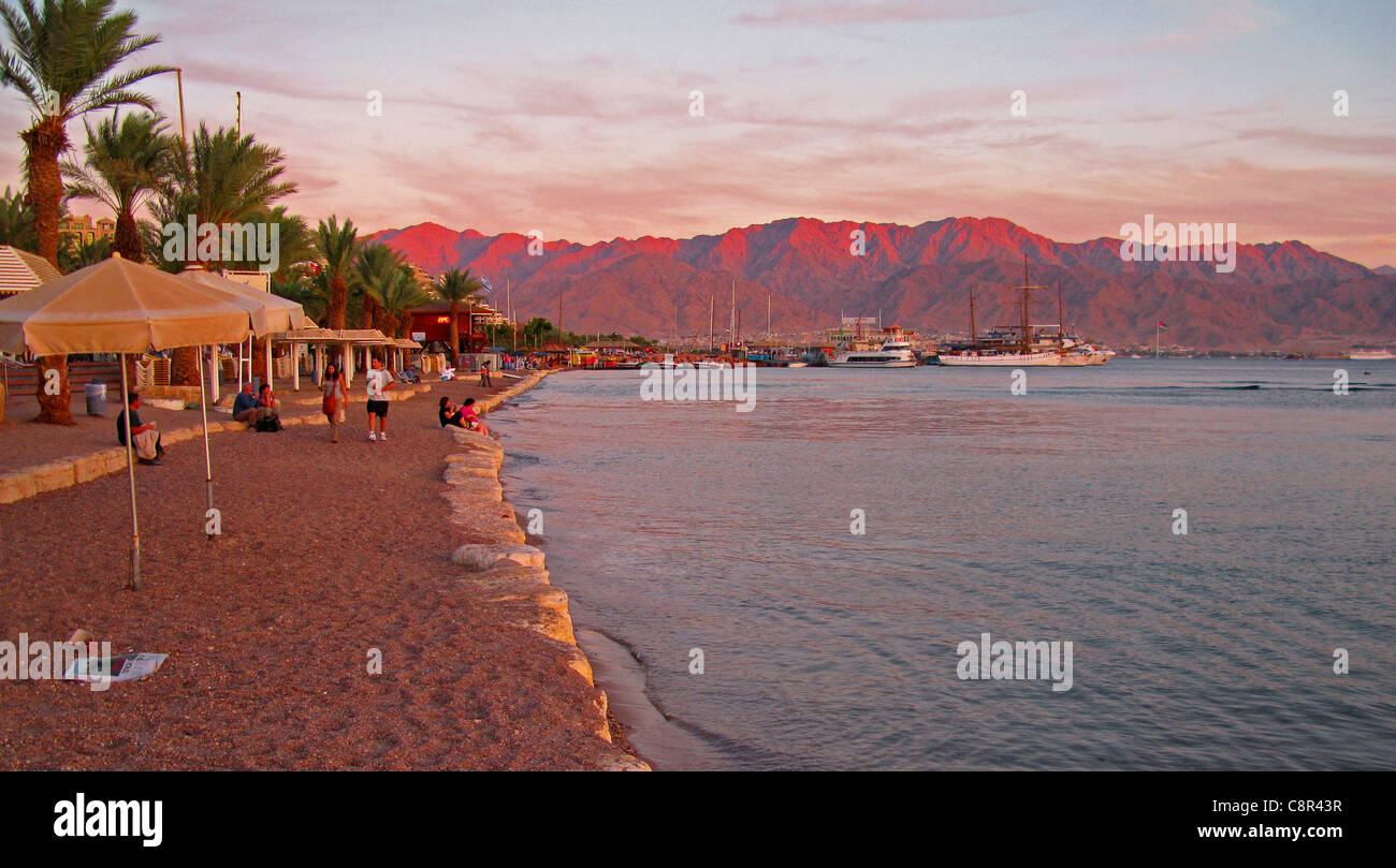 View of Eilat beach and marina at sunset Stock Photo