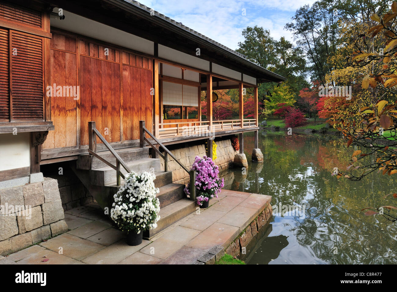 Pavilion / Tea house in Japanese garden with tree foliage in red autumn