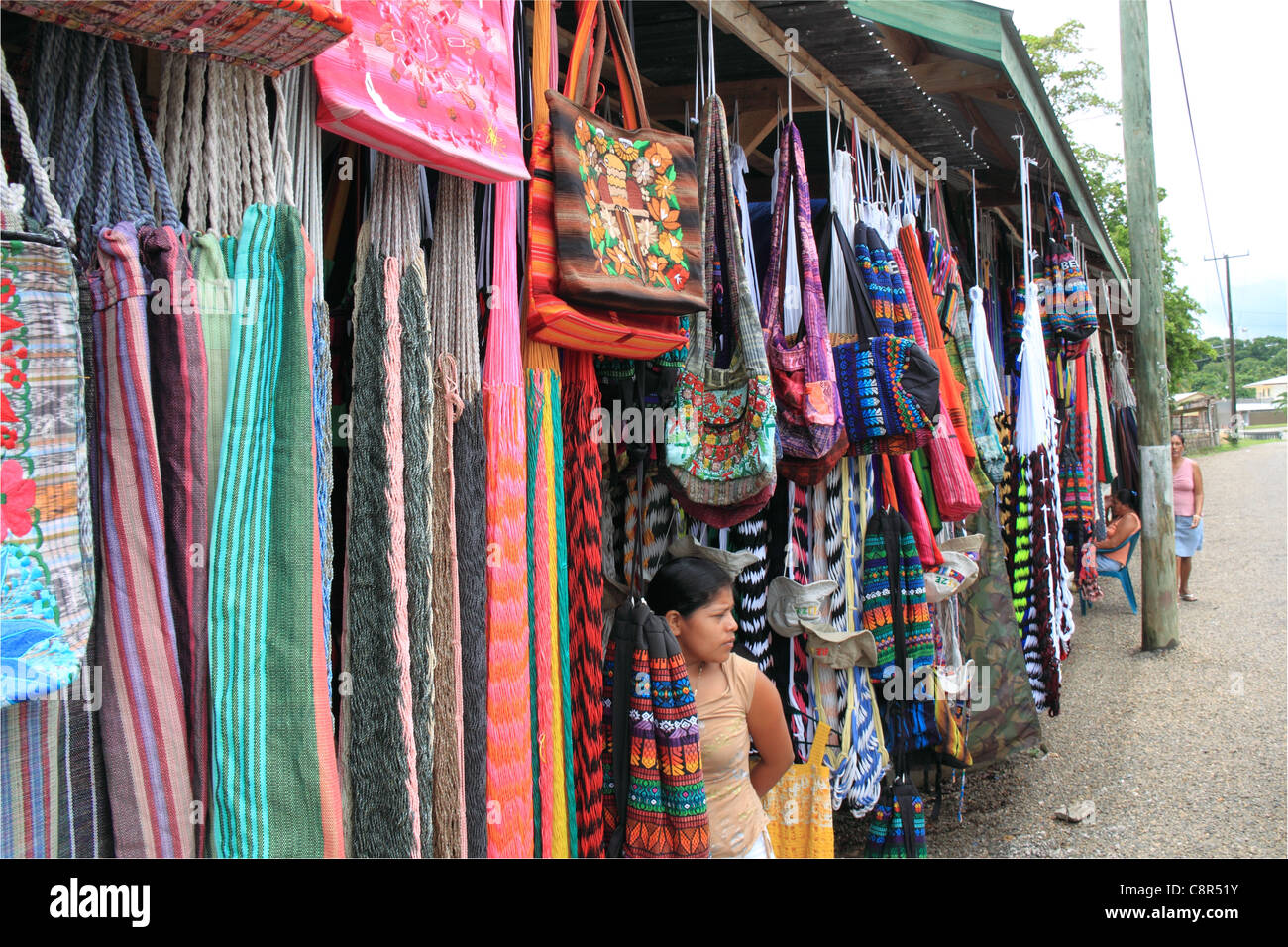 Local handicraft shops by the ferry to Xunantunich, San Jose Succotz, San Ignacio, Cayo, west Belize, Central America Stock Photo