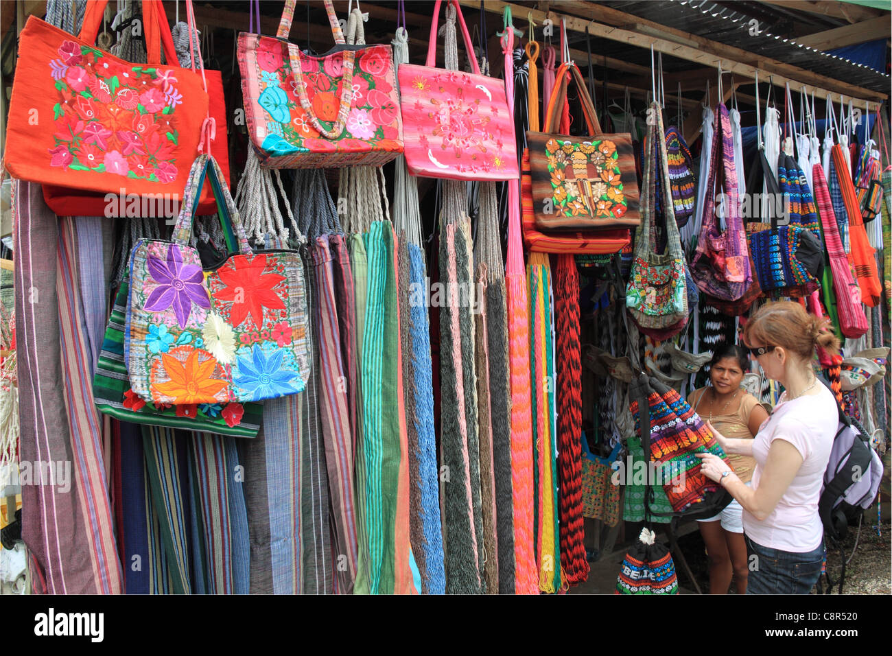 Local handicraft shops by the ferry to Xunantunich, San Jose Succotz, San Ignacio, Cayo, west Belize, Central America Stock Photo