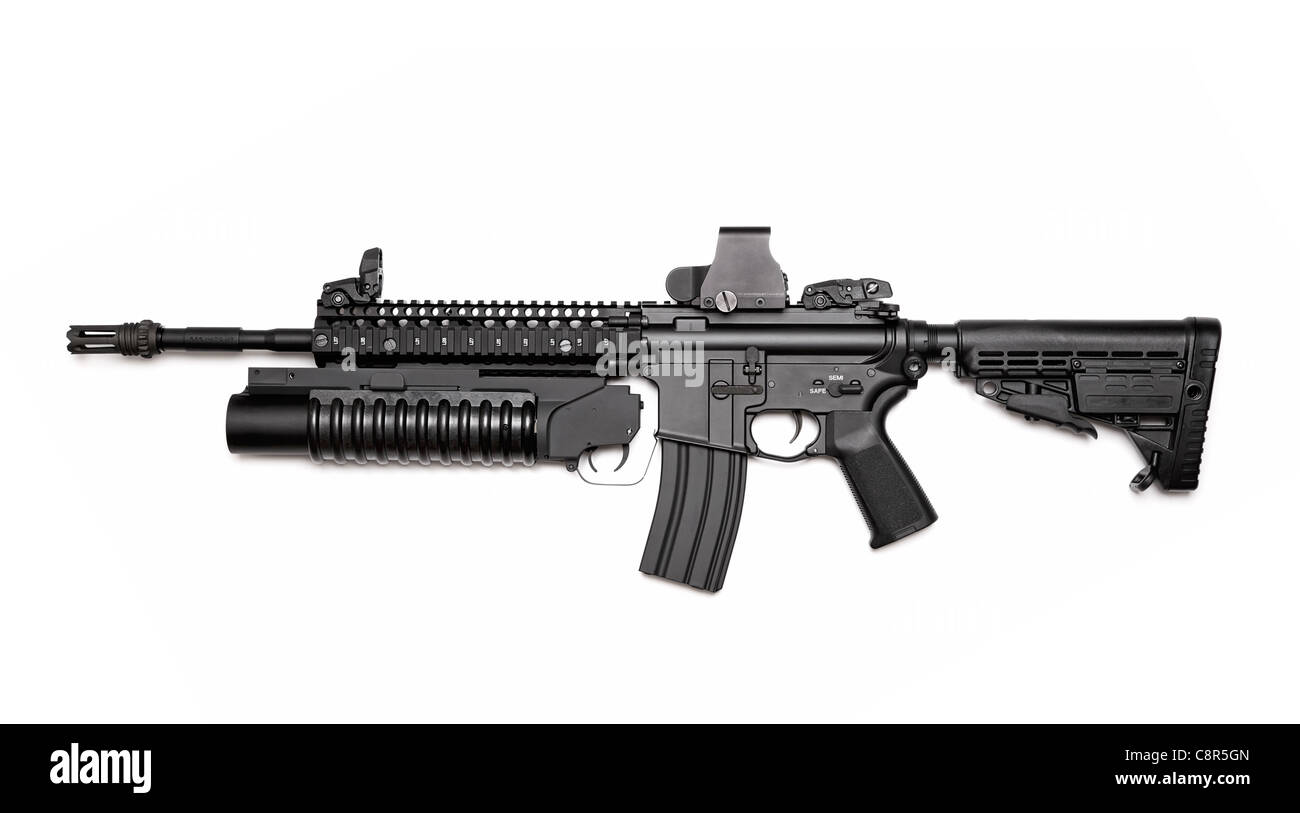 US Spec Ops M4A1 assault rifle with RIS/RAS, grenade launcher and tactical holographic sight. Isolated on a white background. Stock Photo