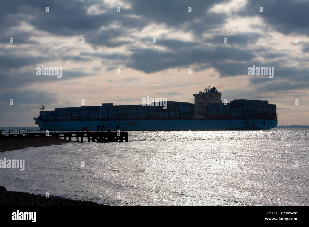 A freight ship leaves the Port of Felixstowe Stock Photo