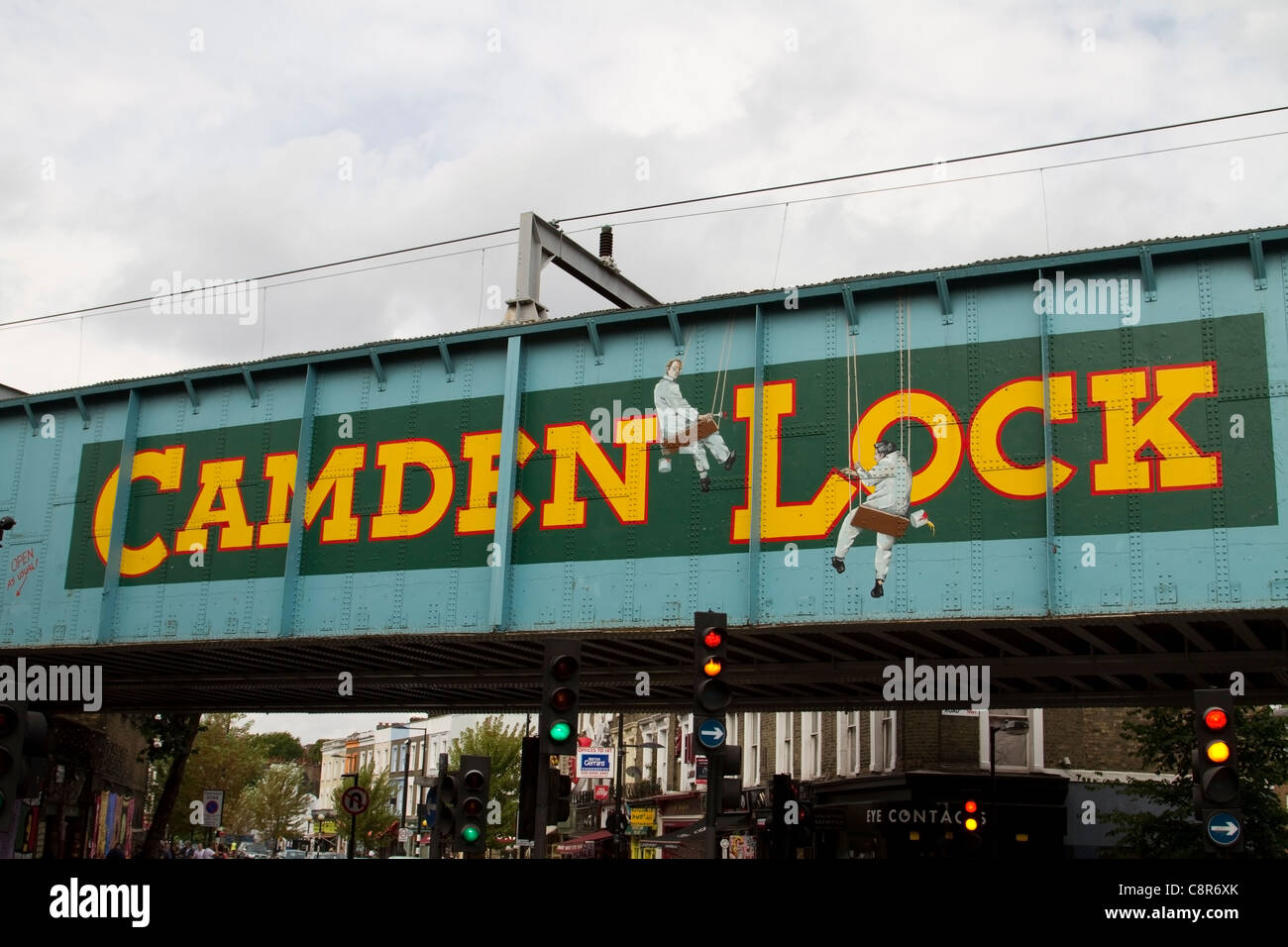 Viaduct over Camden High Street with Camden Lock sign, London Stock Photo