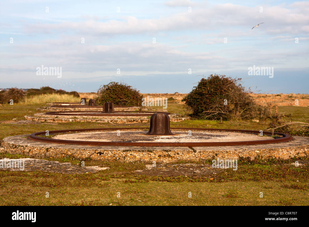 Abandoned gun emplacements on Felixstowe beach Stock Photo
