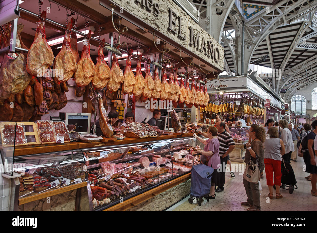 Central market hall , Delicatessen, Jamon, Mercado Central, Valencia, Spain Stock Photo