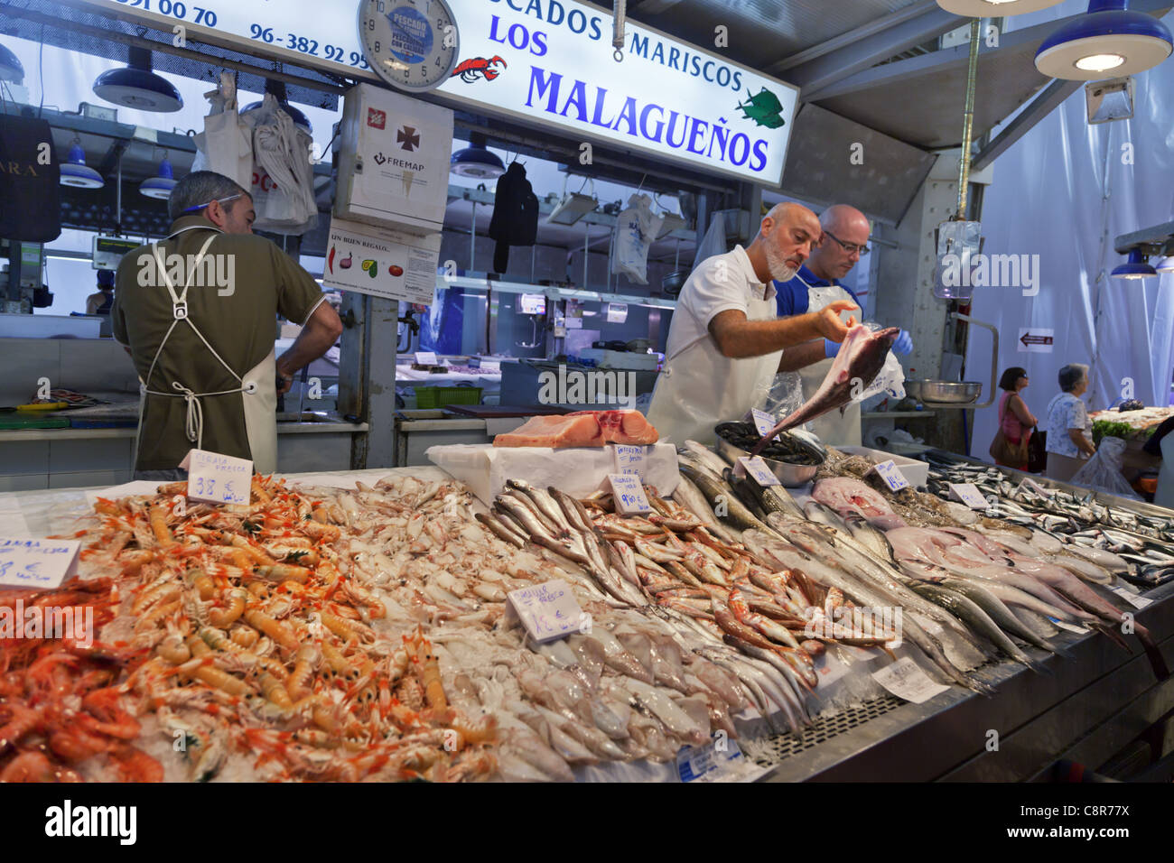 Fresh fish at Central market hall , Mercado Central, Valencia, Spain Stock Photo