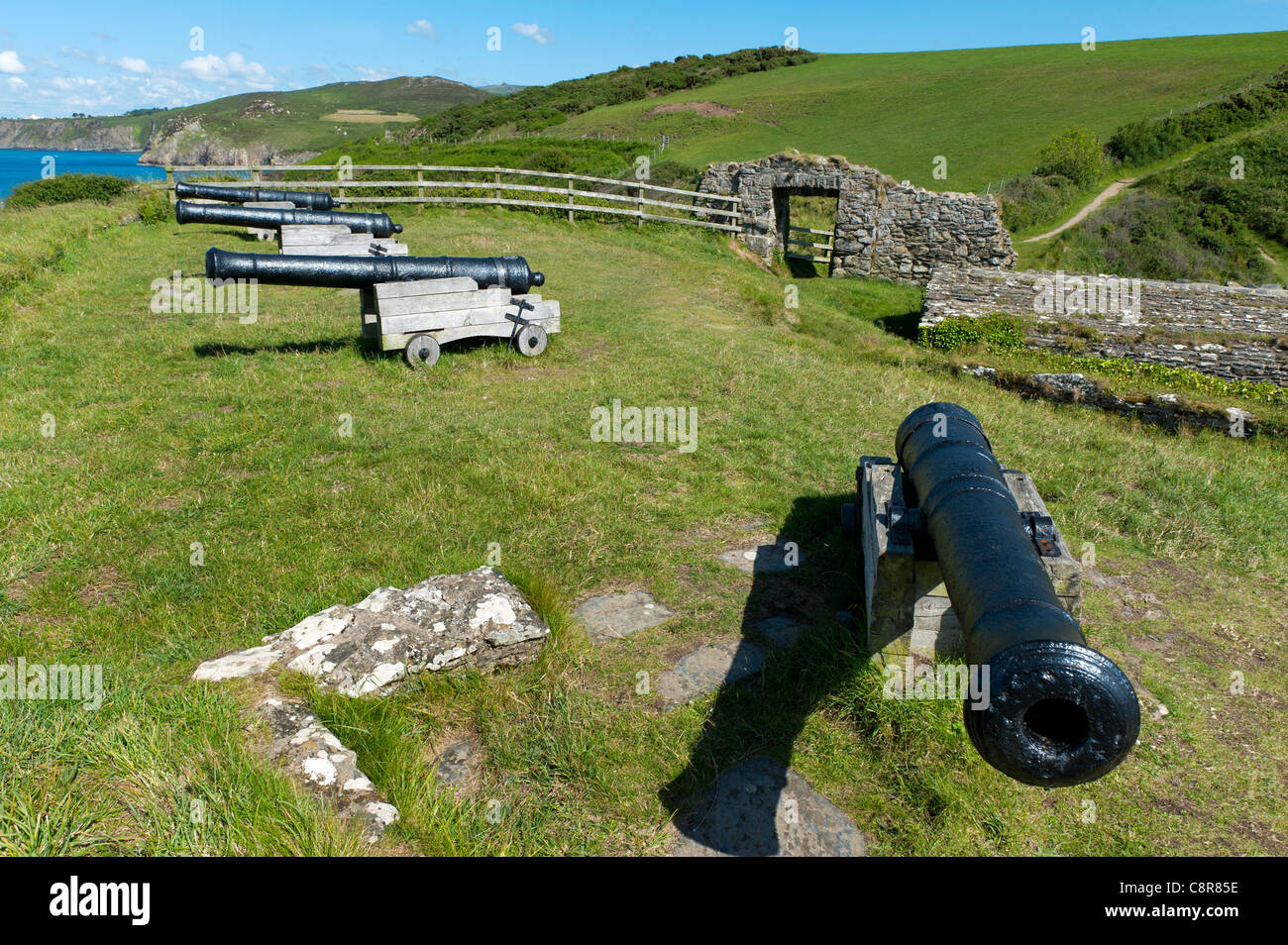 Naval cannon from 1780's defending Fishguard Lower Town Harbour. Stock Photo