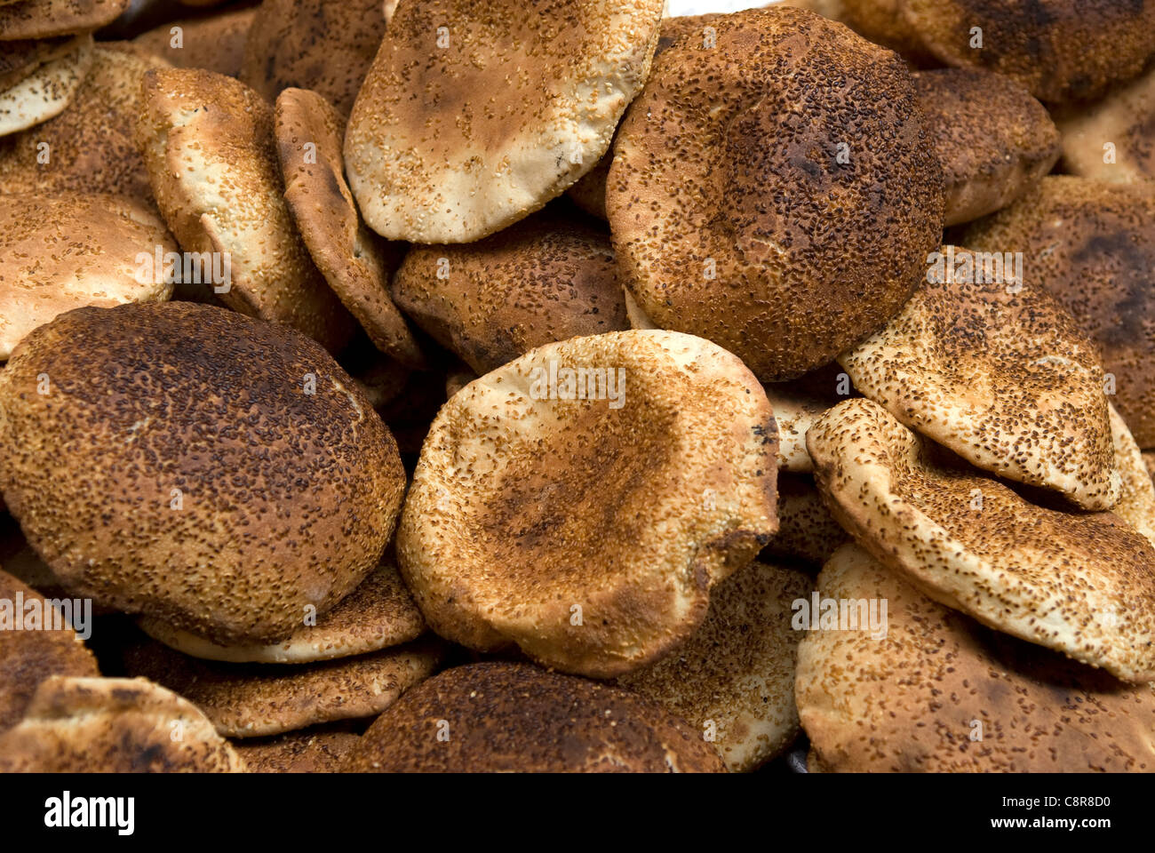 Ka'ik, bread with sesame seeds, on sale in the souk, Tripoli, northern Lebanon. Stock Photo