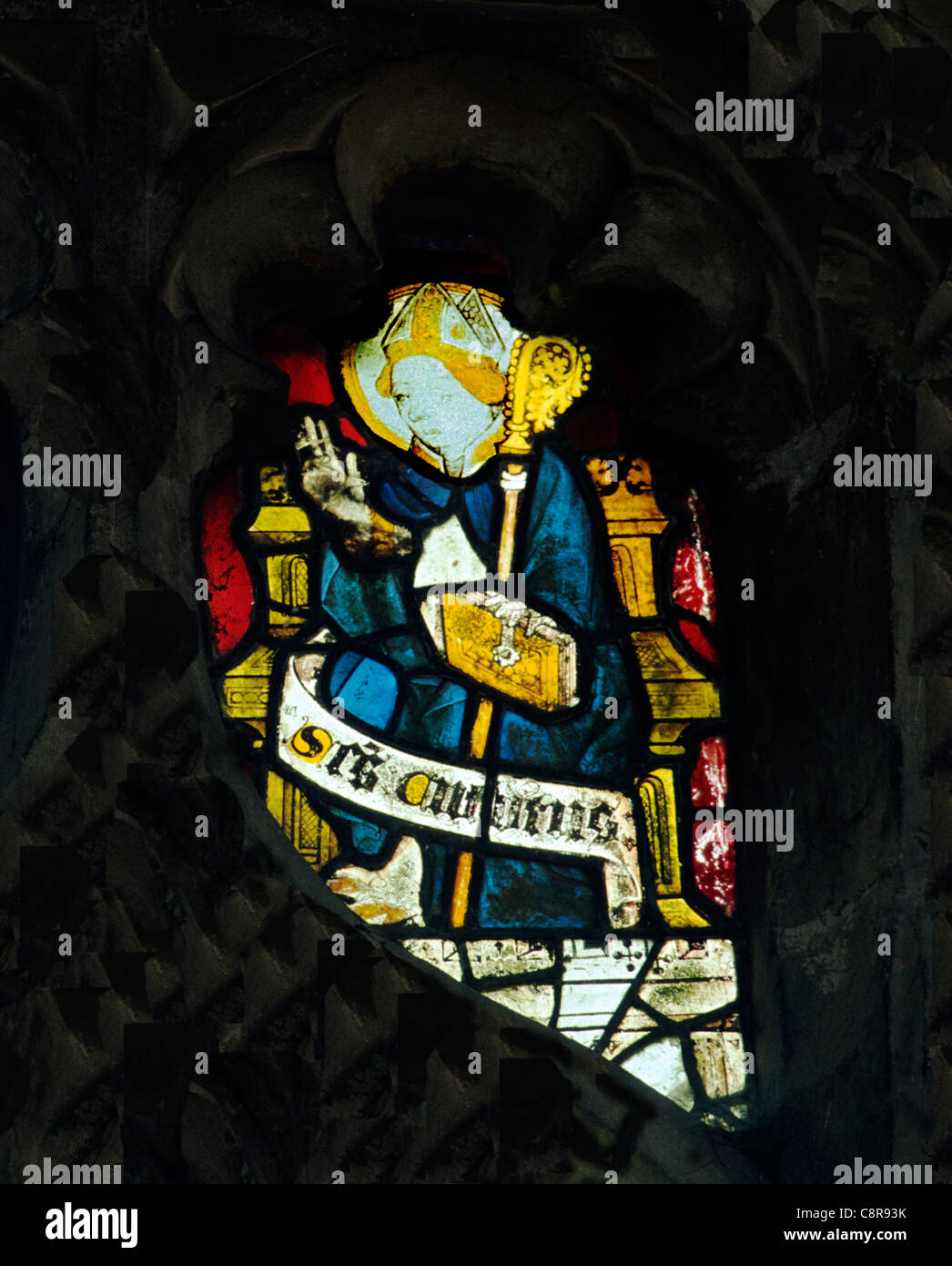 Wiggenhall St. Mary Magdalene, Norfolk, St. Cuthbert, Bishop of Hexham, d. 687 English medieval stained glass window windows Stock Photo