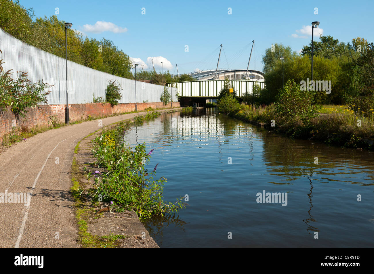 The City of Manchester Stadium (Etihad Stadium) from the Ashton Canal, Clayton, Eastlands, Manchester, England, UK Stock Photo