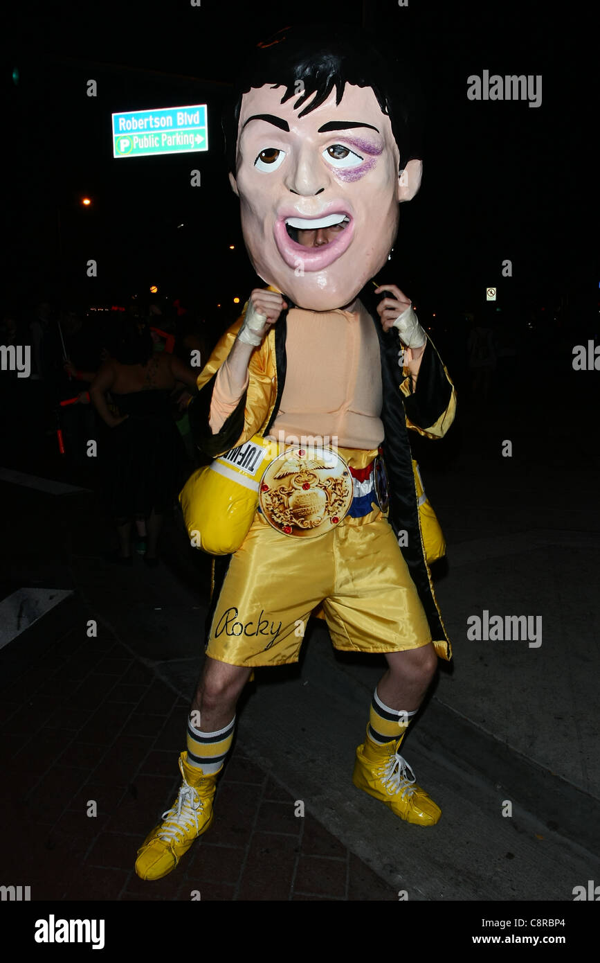 ROCKY BIG HEAD COSTUME 2011 WEST HOLLYWOOD COSTUME CARNAVAL LOS ANGELES CALIFORNIA USA 31 October 2011 Stock Photo