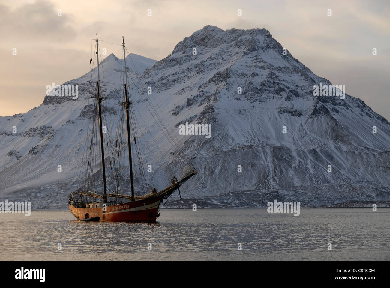 The schooner S/V Noorderlicht with its Zodiac, Trygghamna, Isfjord, Spitsbergen Stock Photo