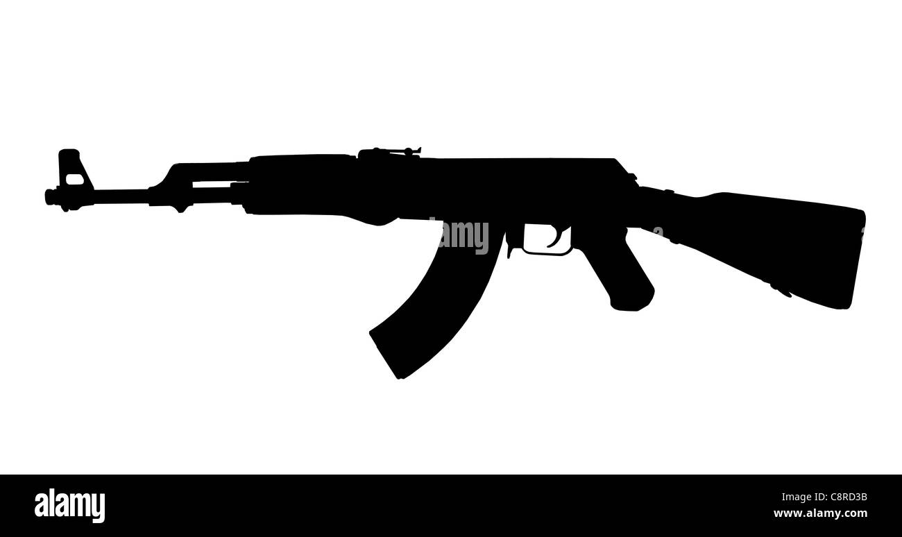 AK47 Silhouette. High contrast Russian Kalashnikov assault rifle, isolated black on white. Stock Photo