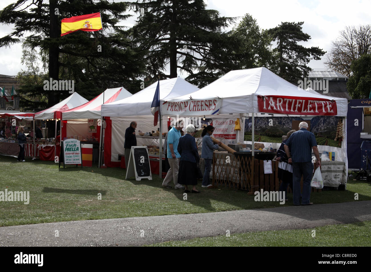 French and Spanish stalls at a food festival, Leamington Spa, England