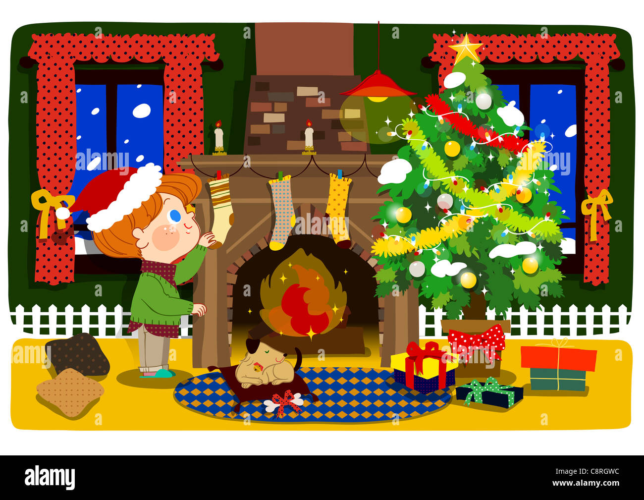Illustration Of A Boy Decorating House On Christmas Stock Photo