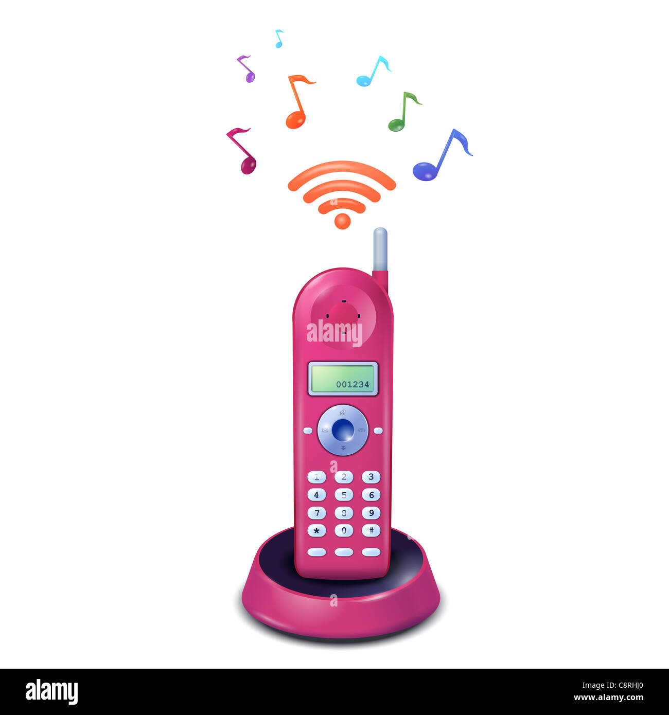 Pink cordless phone with musical notes Stock Photo