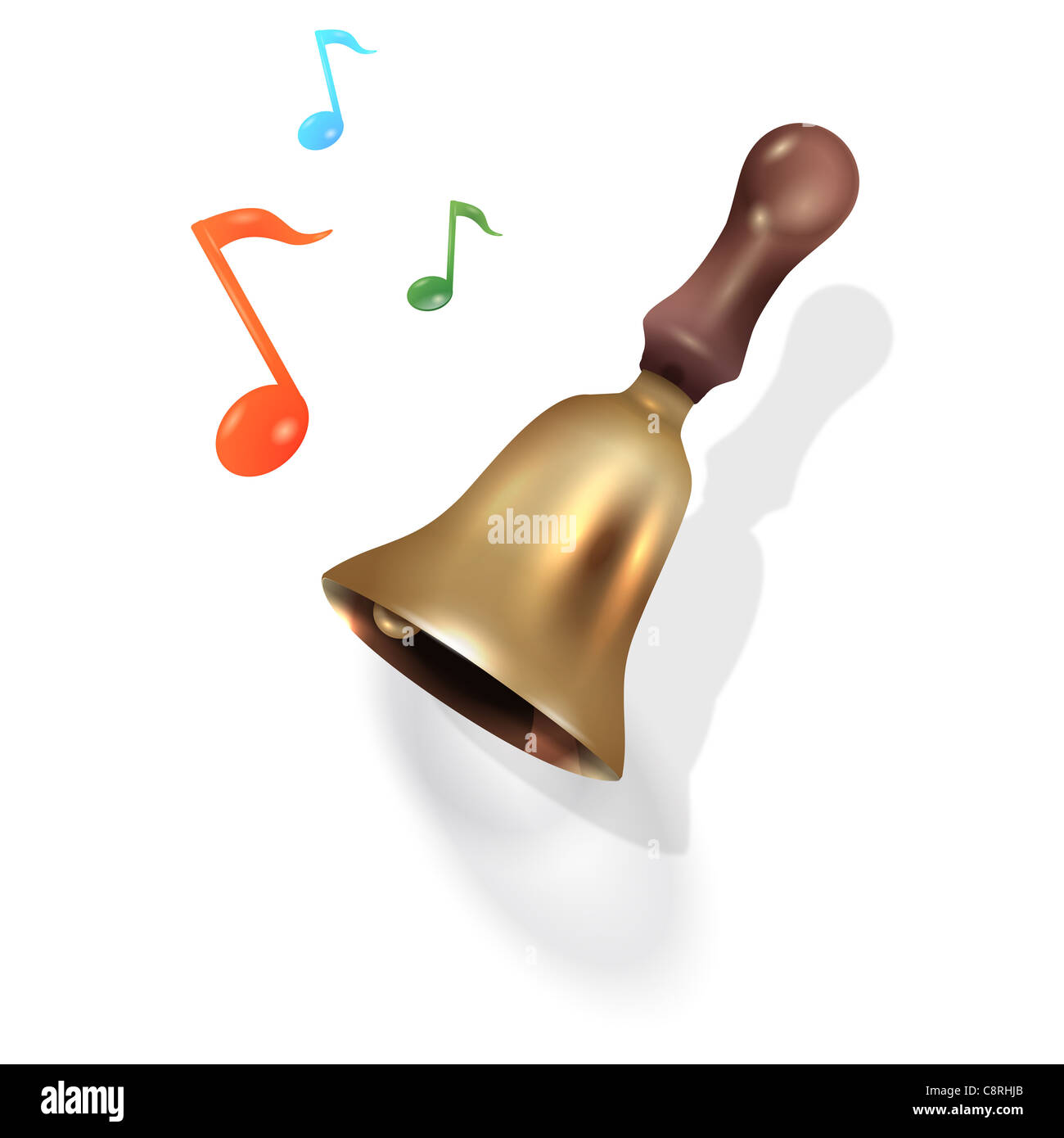 Hand bell with musical notes against white background Stock Photo - Alamy