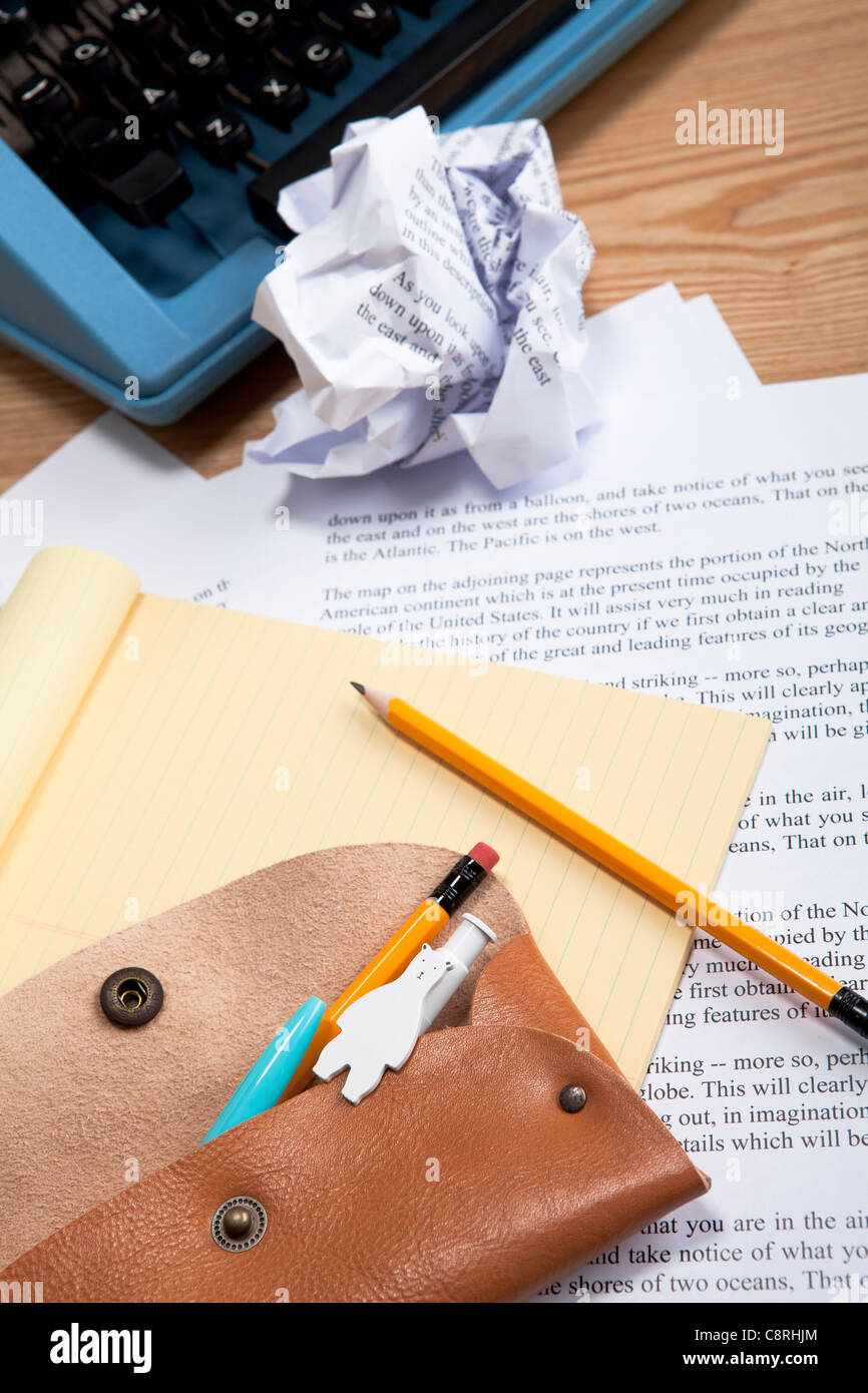 Notepad, Purse And Paper With Typewriter Stock Photo - Alamy