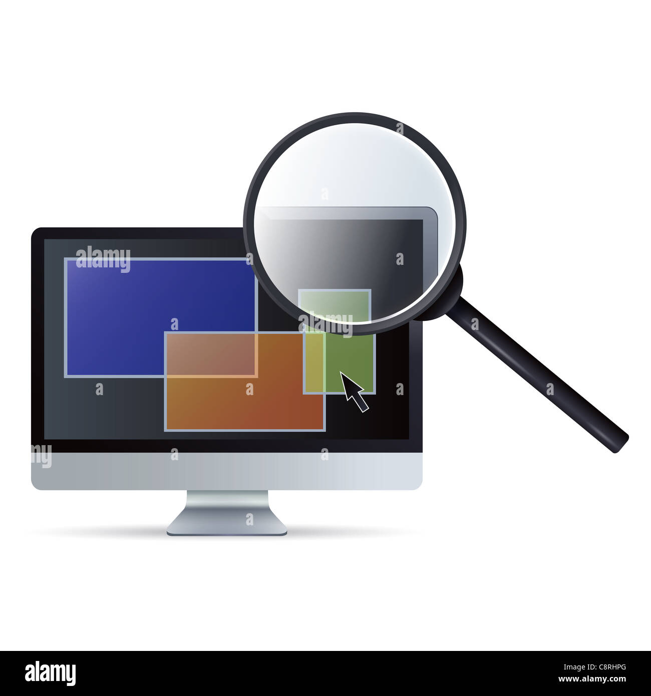 Computer Screen Lens Computer monitor and magnifying lens against white background Stock ...