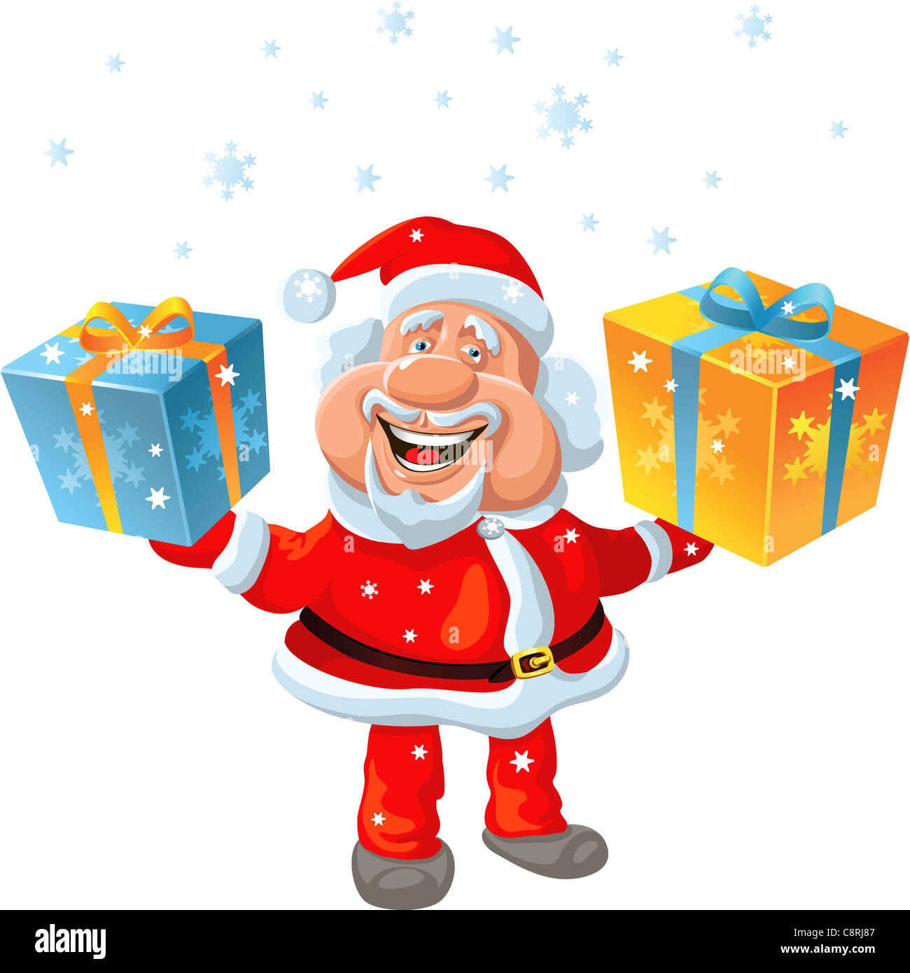 funny cartoon Santa Claus holding a gift Stock Photo - Alamy