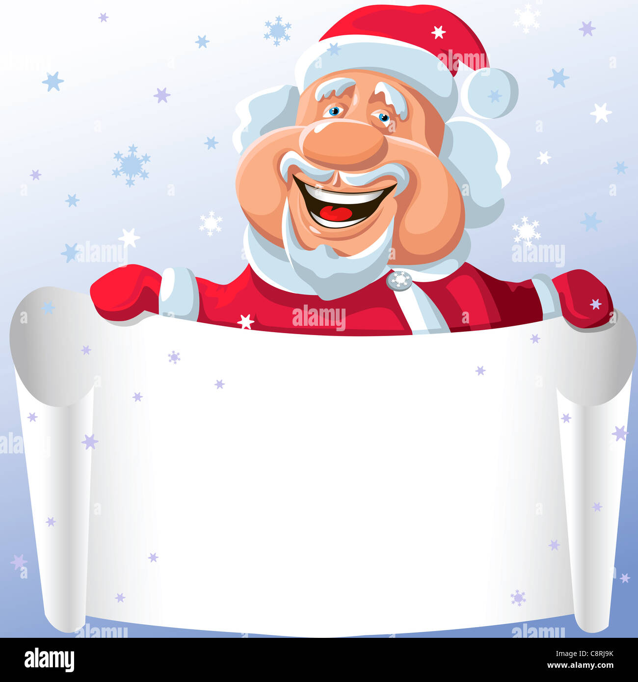 funny cartoon Santa Claus with a scroll in his hand Stock Photo - Alamy