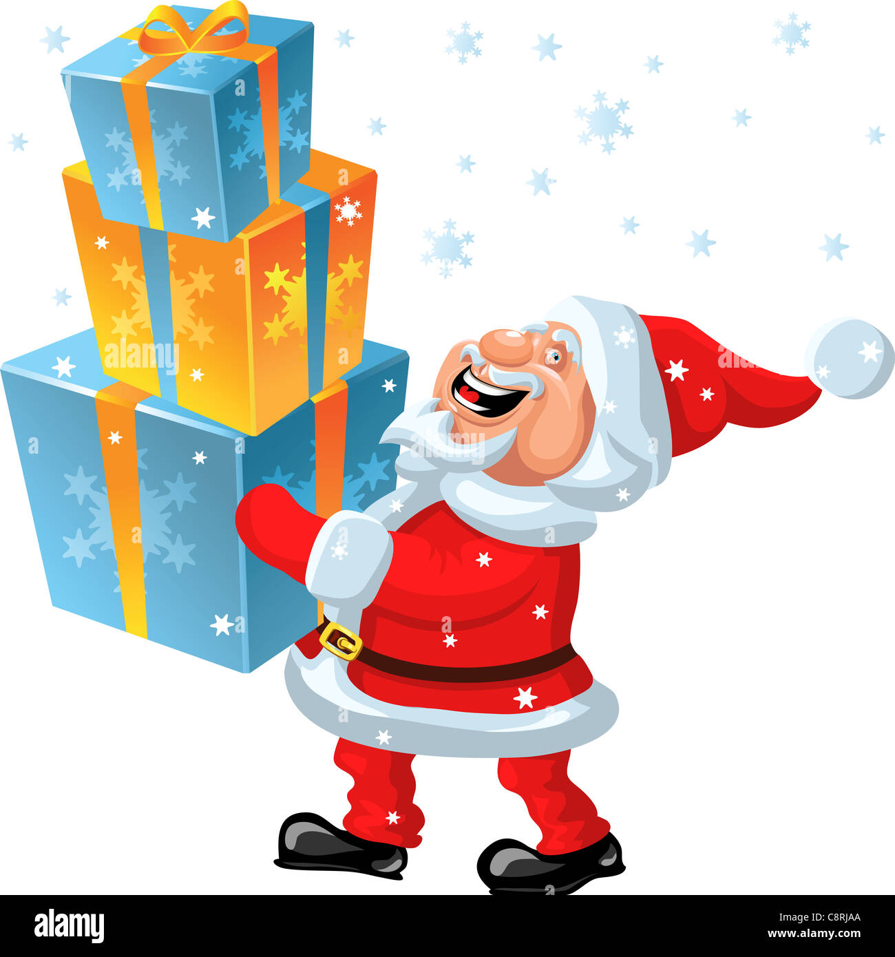 funny cartoon Santa Claus brings in the hands of many gifts Stock Photo ...