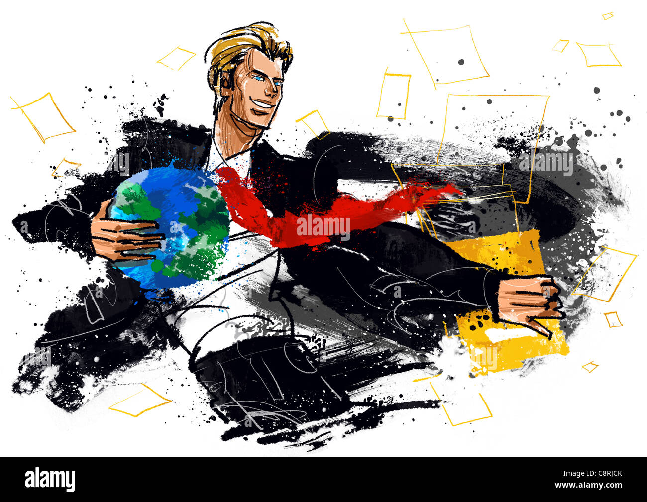 Illustration of businessman holding globe Stock Photo - Alamy