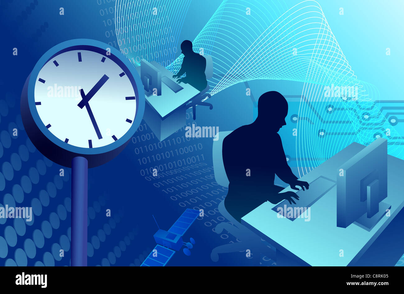 Illustration of computer network and clock Stock Photo - Alamy