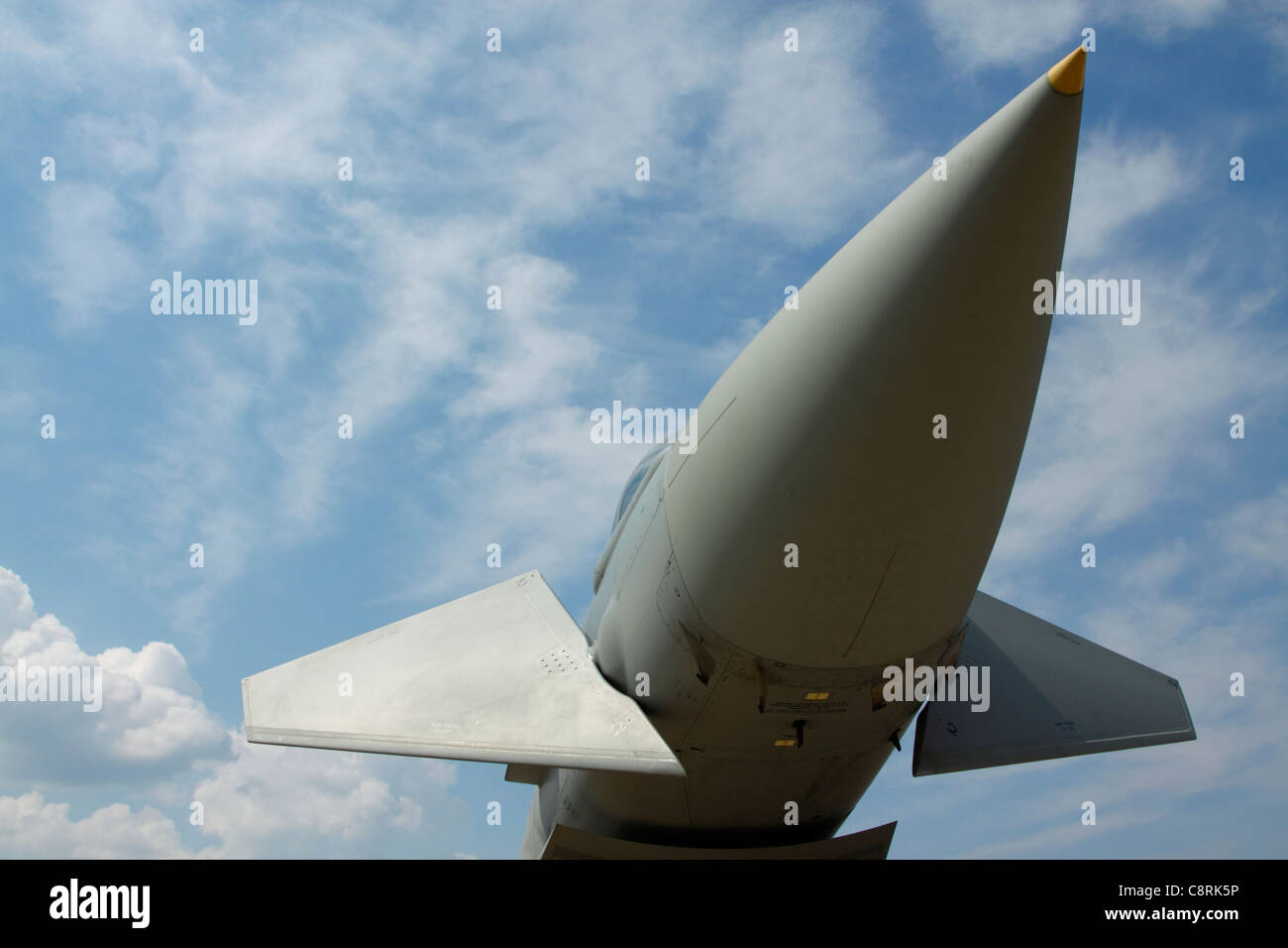 Nose and canards of a Eurofighter Typhoon combat aircraft against blue sky Stock Photo