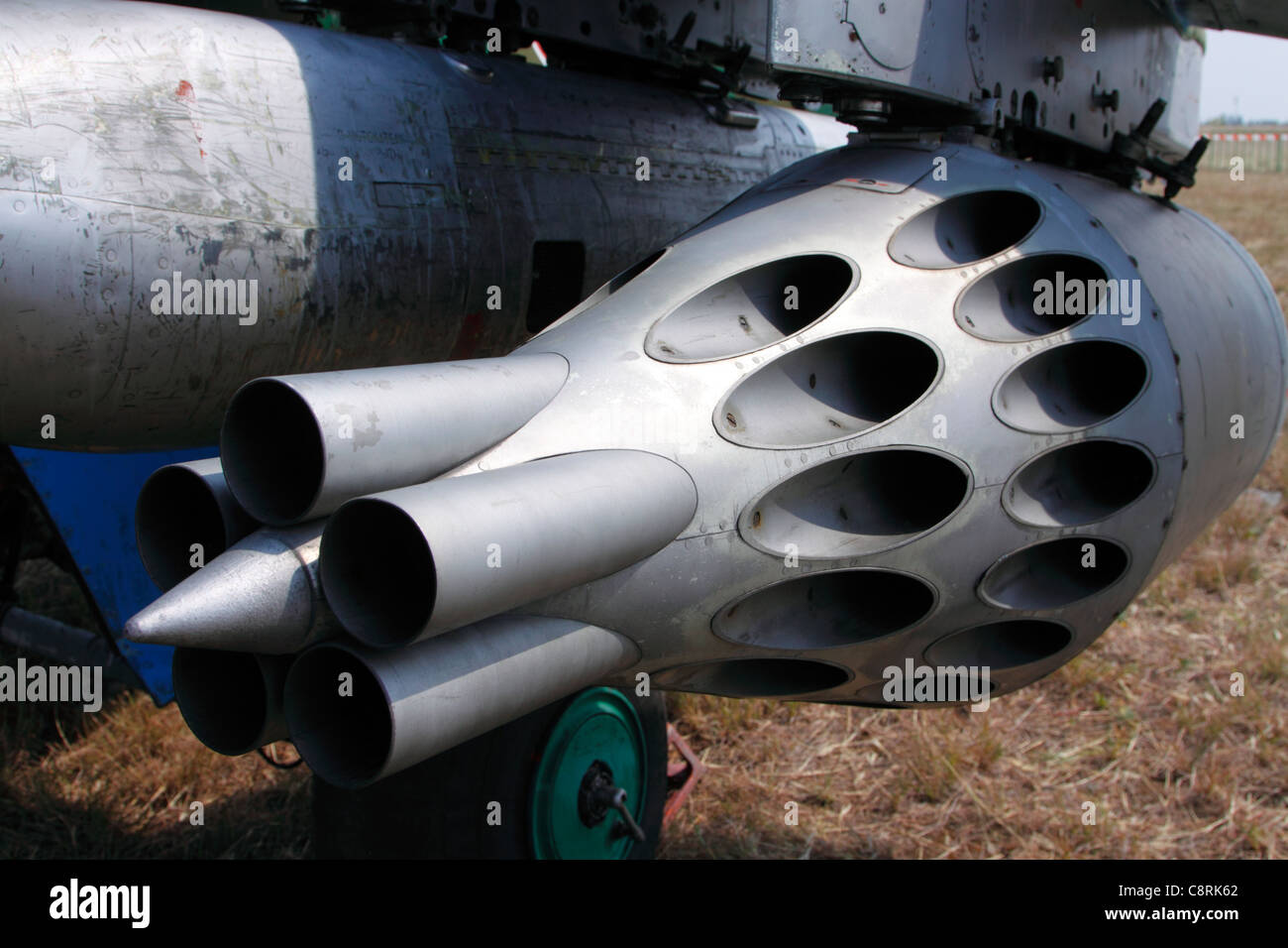 Rocket pod for 57mm unguided rockets on a Mi-24 HIND D attack helicopter Stock Photo