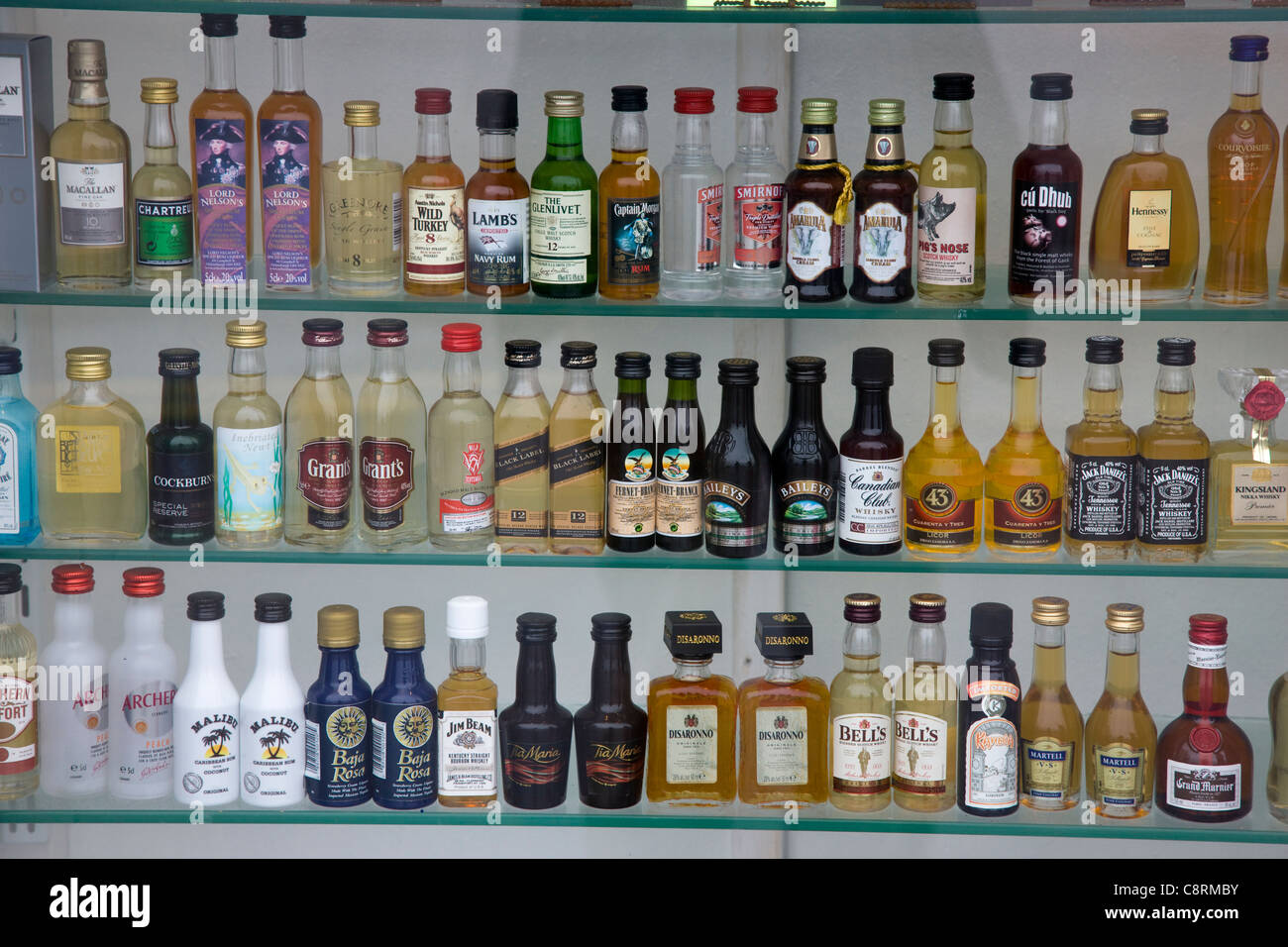 Miniature bottles of whisky, brandy, vodka, cognac, gin
