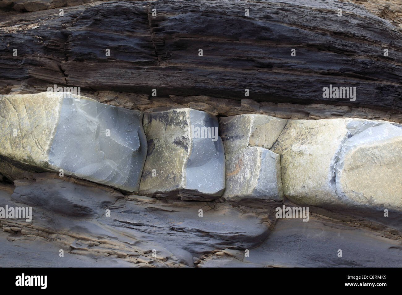 Close up of rock layers at Kilve Beach, Somerset, England, UK Stock Photo