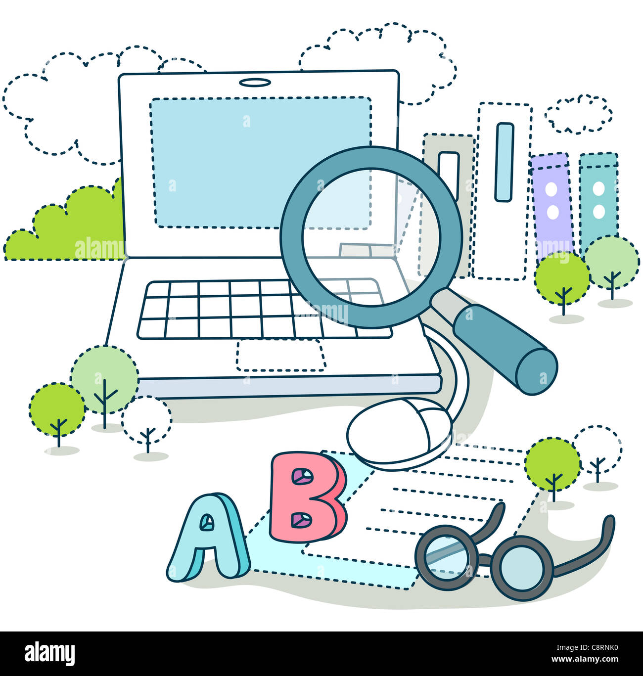 Illustration of education on laptop with magnifying glass Stock Photo